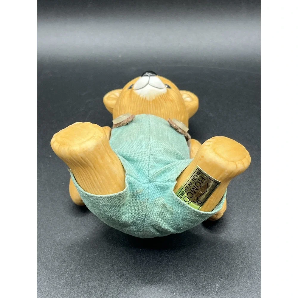 Homco Porcelain Jointed Teddy Bear‎ Boy w/ Fabric Overalls - Taiwan Vtg 3.5